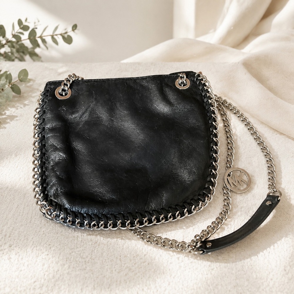 Michael Kors Black Chain Trim Shoulder Bag Silver Hardware MK Logo